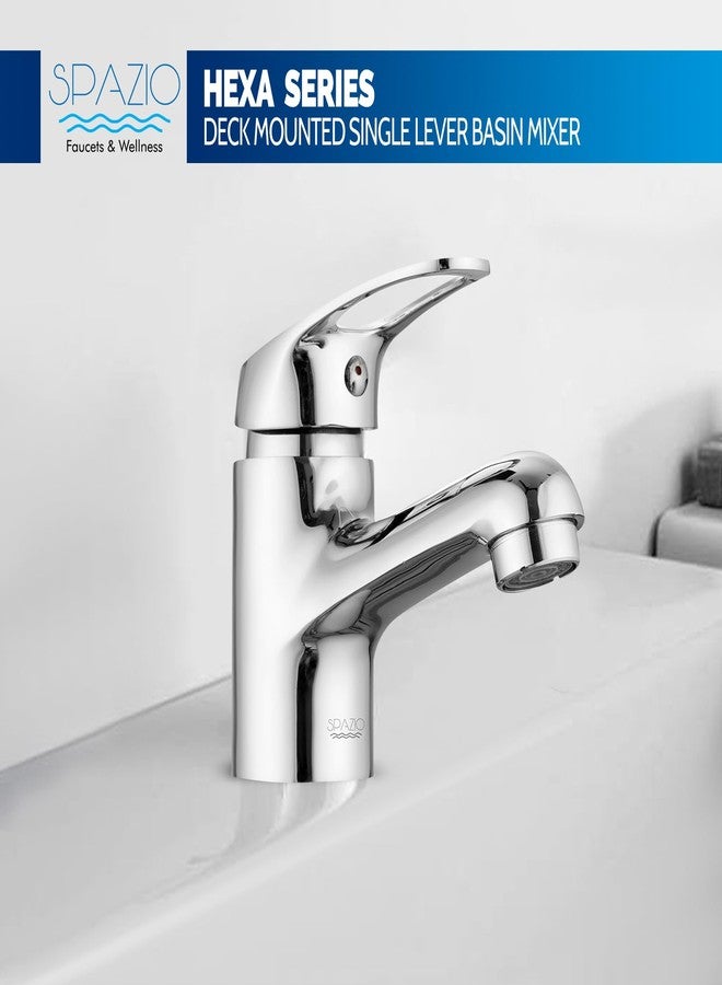 SPAZIO خلاط حوض سبازيو هيكسا النحاسي ذو ذراع واحد، صنبور خلاط للماء الساخن والبارد لحوض الغسيل المثبت على سطح الطاولة، للحمام، بجسم بارتفاع 6 بوصات وخرطوم مضفر بطول 18 بوصة، صنبور خلاط حوض مطلي بالكروم - Image 5